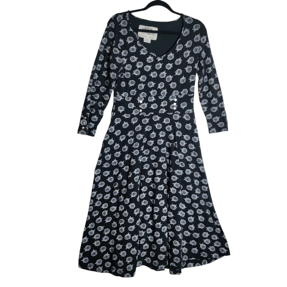 Effies Heart Navy Blue Pumpkin Print V-Neck Fit Flare Midi Dress Pockets Womens